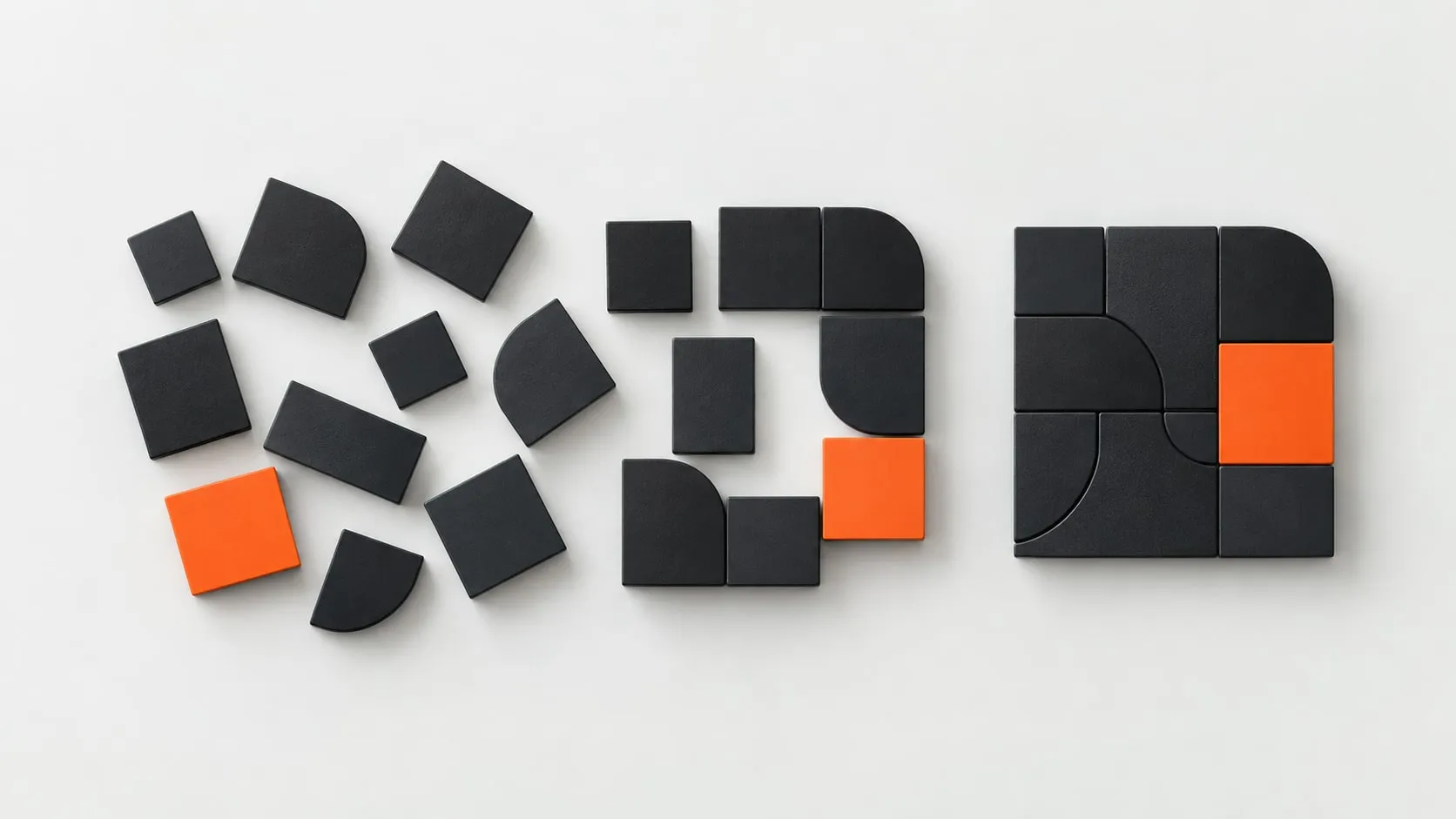 Loose graphite and orange blocks on the left gradually fitting together into a single square on the right.